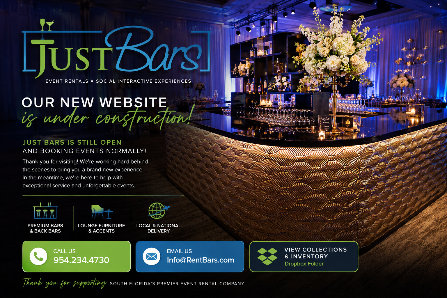 Just Bars event rentals - new website under construction. Just Bars is open and booking events normally.