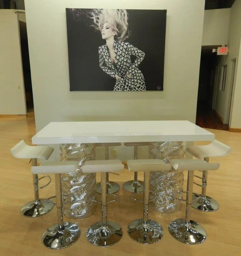 Art Deco Silver Mirrored Communal High Top - White Top 72_W x 30_D x 42_H in Pompano Beach, Florida