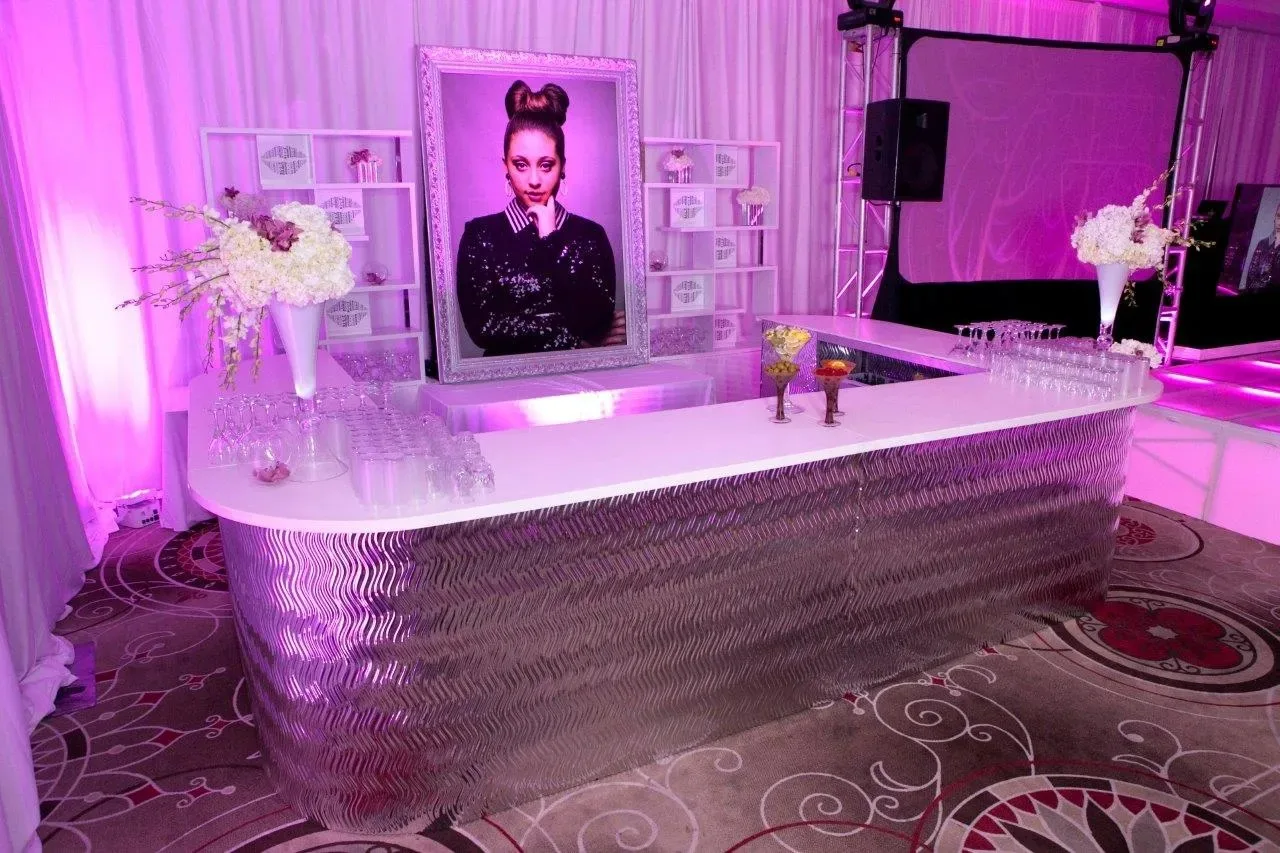 Contempo Silver Mirrored Bar 15_x10_ Contempo Silver Mirrored U-Shaped Bar w_ White Tops in Pompano Beach, Florida