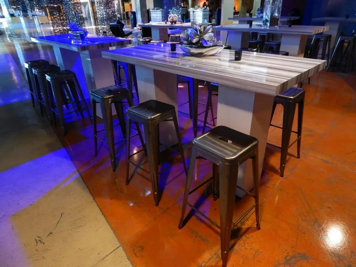 Sabi Bar Stool 15_W x 15.5_D x 30_H Shown w_ Estonia Communal High Top Table in Pompano Beach, Florida