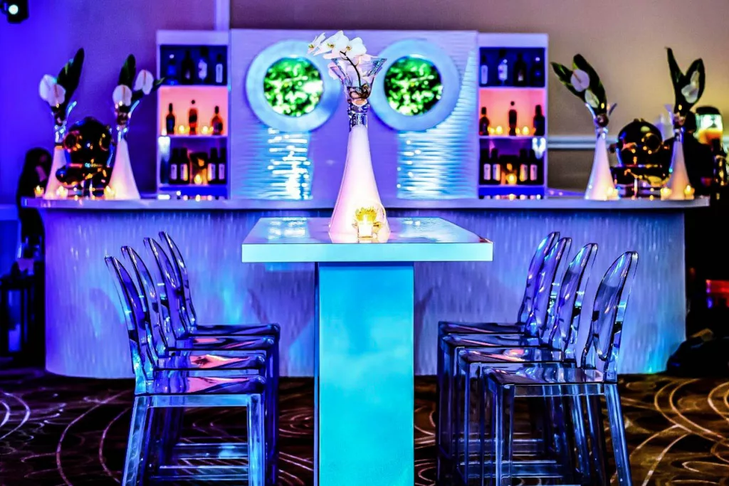 White Wave Back Bar Wall w/ Custom Video Port Holes