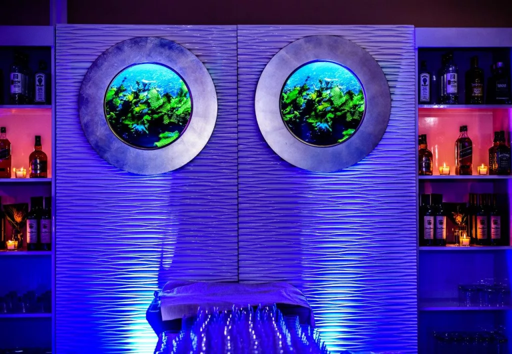 White Wave Back Bar Wall w/ Custom Video Port Holes