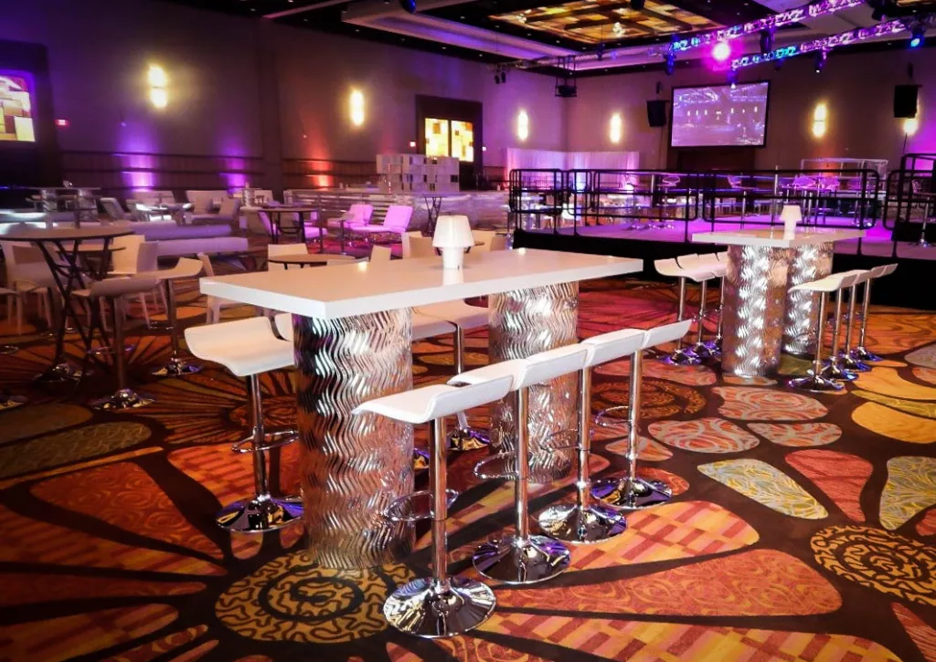 Contempo Silver Mirrored High Top Communal Table w/ White Top - 6'x30"x42"