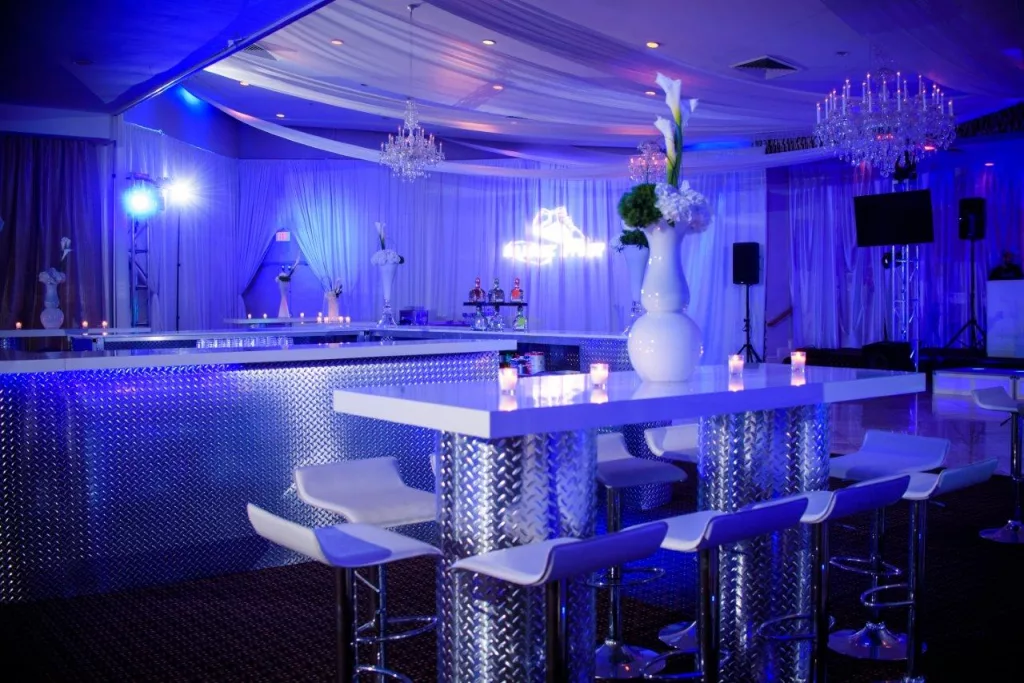 Diamond Plate High Top Communal Table w/ White Top - 6'x30"x42"
