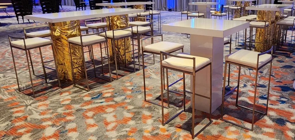 Gold Petals Mirrored High Top Communal Table w/ White Top - 6'x30"x42"