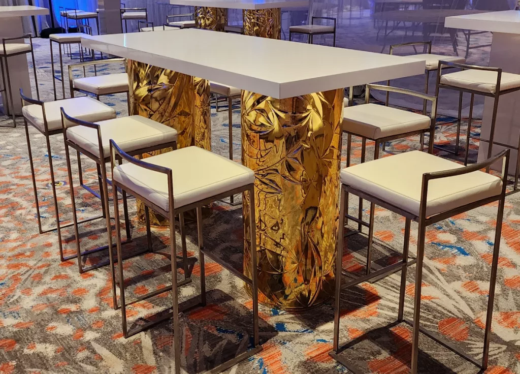 Gold Petals Mirrored High Top Communal Table w/ White Top - 6'x30"x42"