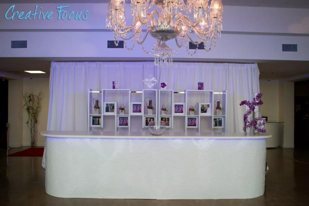 15' Double White Damask Registration Counter w/ LED Lighting